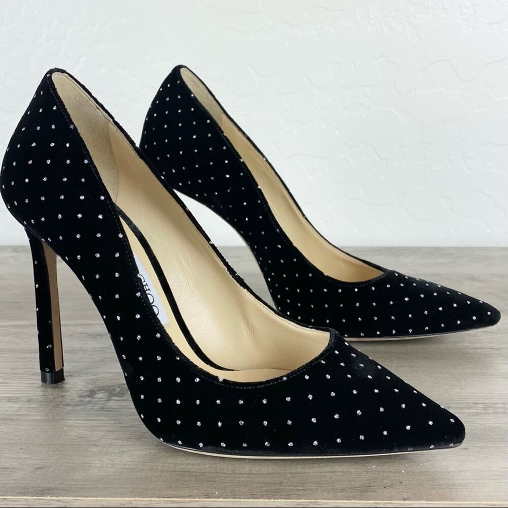 Jimmy Choo Romy 100 Silver Glitter Spotted BlackVelvet Pointy Toe Pumps Sz 6.5 - Picture 2 of 14